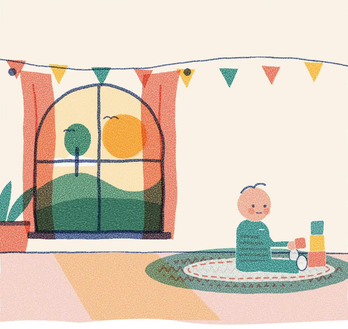 Ilustracja: maluch z klockami, w dzień