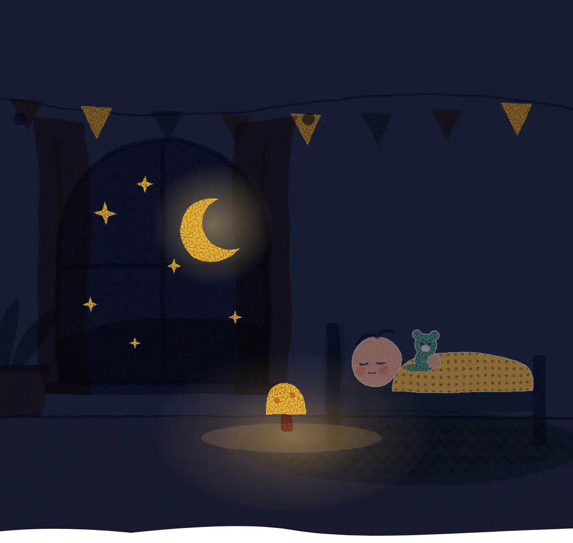 Ilustracja: noc, maluch śpi z misiem, świeci lampka