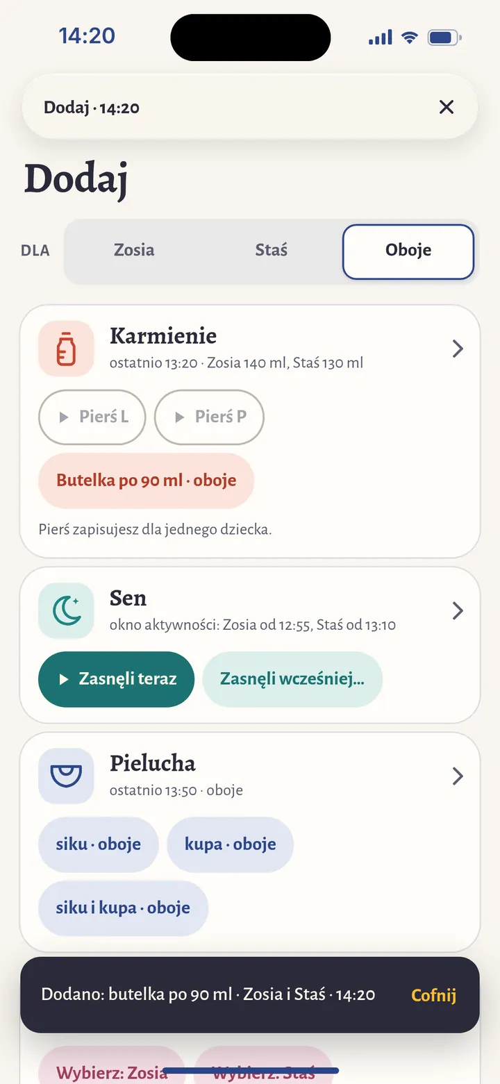 Ekran Dodaj z wyborem dziecka: Zosia, Staś albo Oboje; zapisana butelka 90 ml dla obojga.