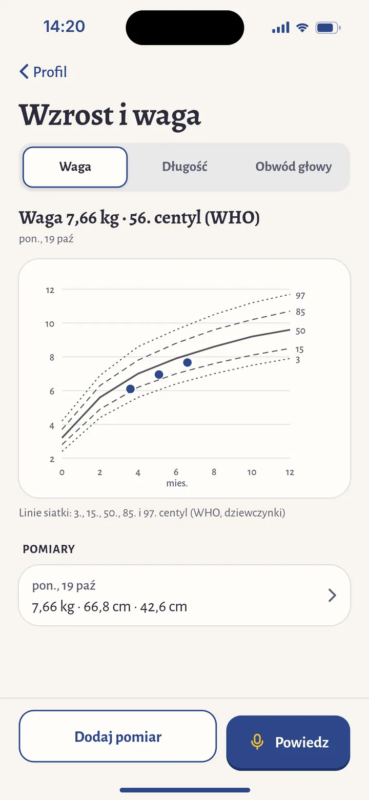 Ekran Wzrost i waga: siatka centylowa WHO z punktami pomiarów, waga 7,66 kg, 56. centyl.